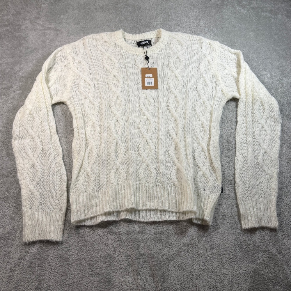Stussy Cable Loose Knit Sweater Mens Large Ivory Mohair Wool 117228 NWT
